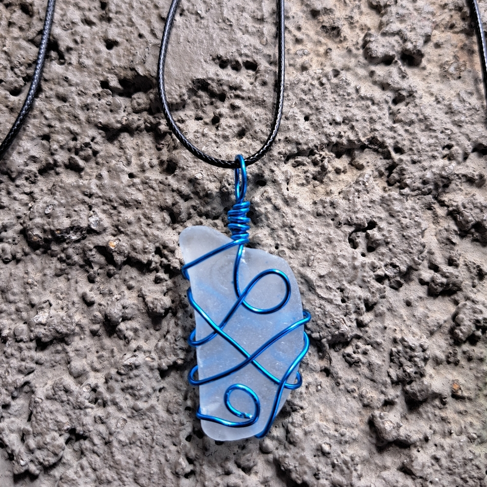 Clear Sea Glass Necklace with blue wire (Handmade jewelry)